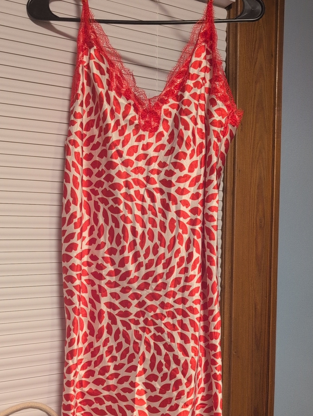 Victoria's Secret Red Lip-Print Lace-Trim Slip